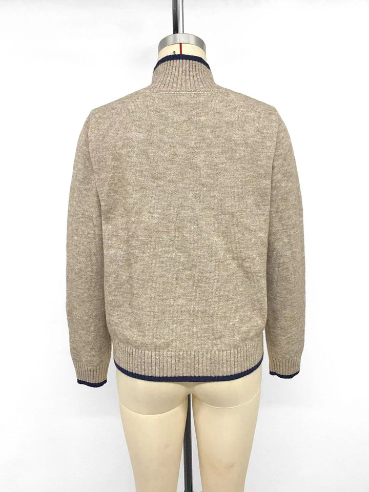 Contrast tipped mock neck sweater with ribbed trim