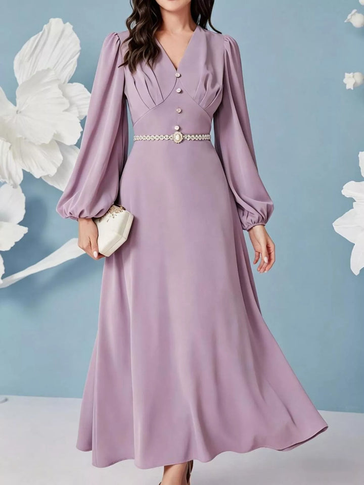 Lavender V-neck balloon sleeve maxi dress with button bodice