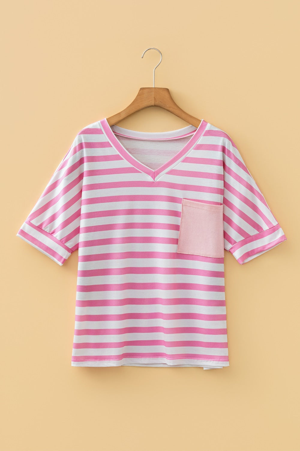 Striped V-neck tee with chest patch pocket