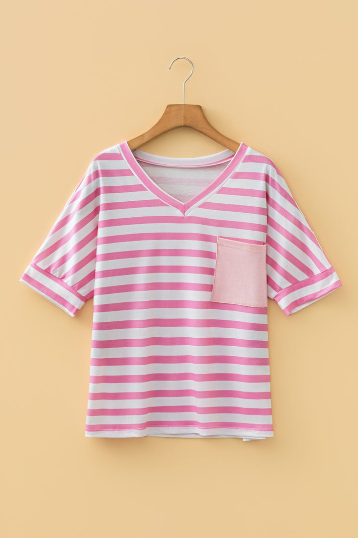 Striped V-neck tee with chest patch pocket