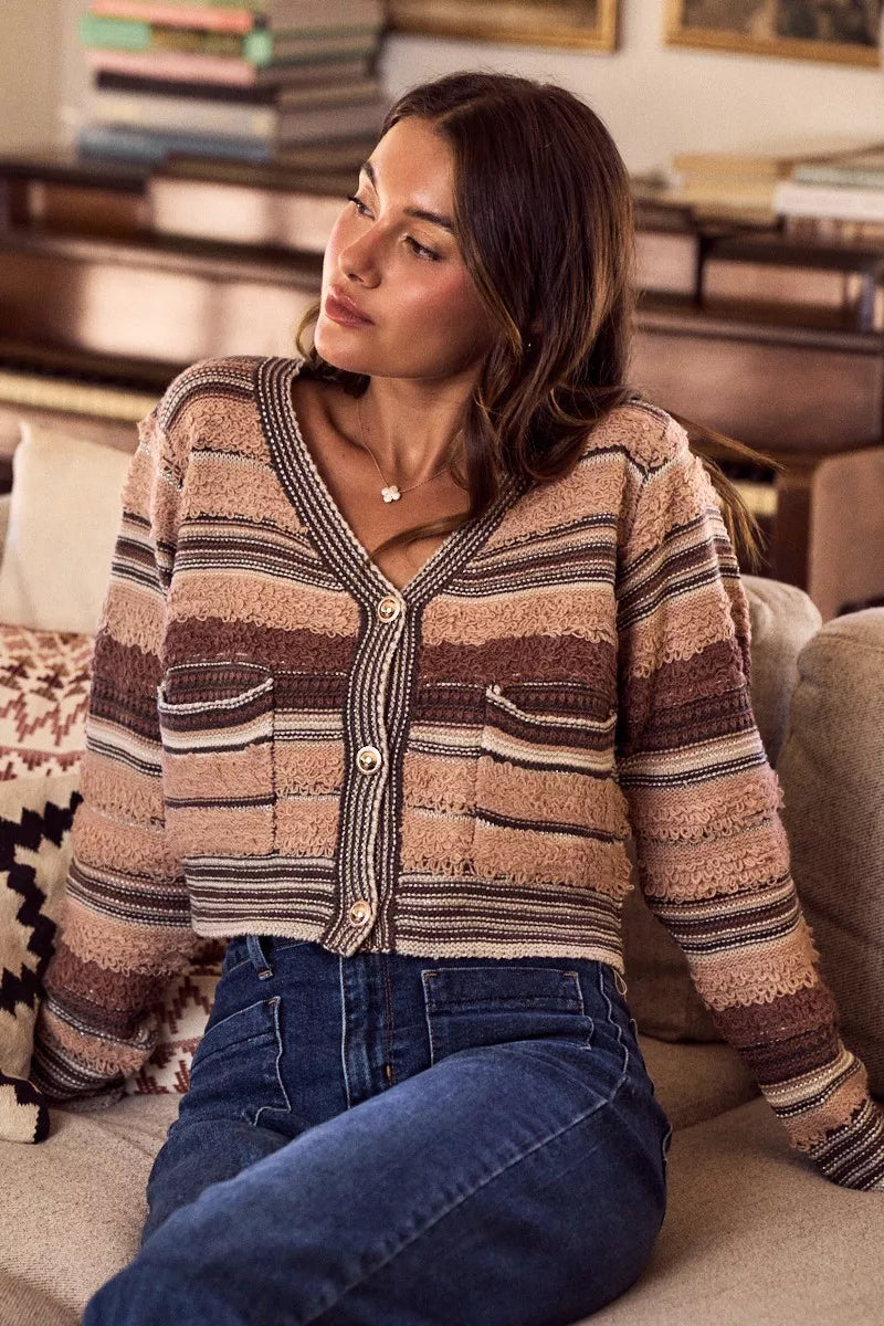 Textured stripe knit cropped cardigan with buttons and pockets