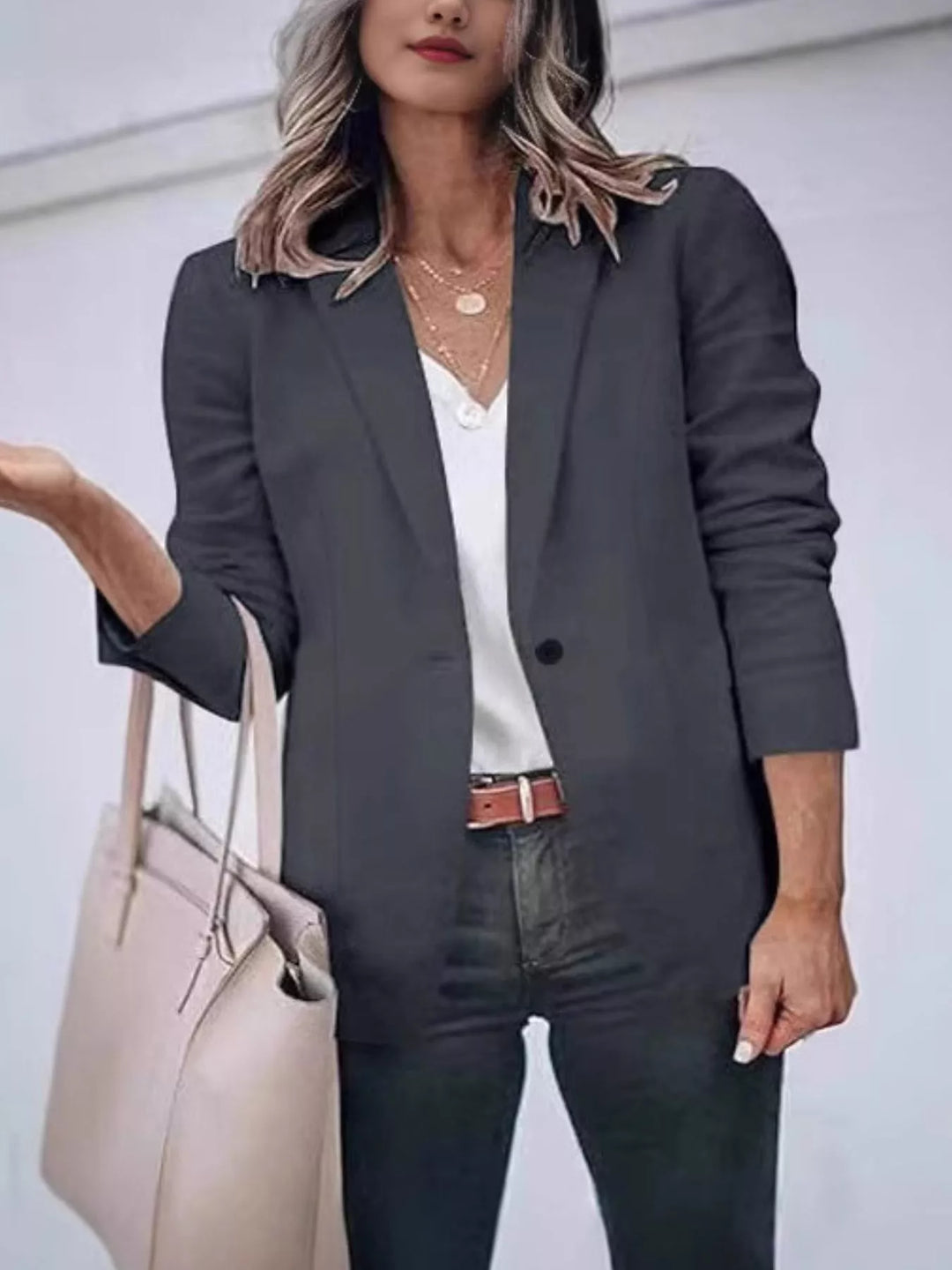 Dark Gray Slim-fit single-button blazer with notched lapels