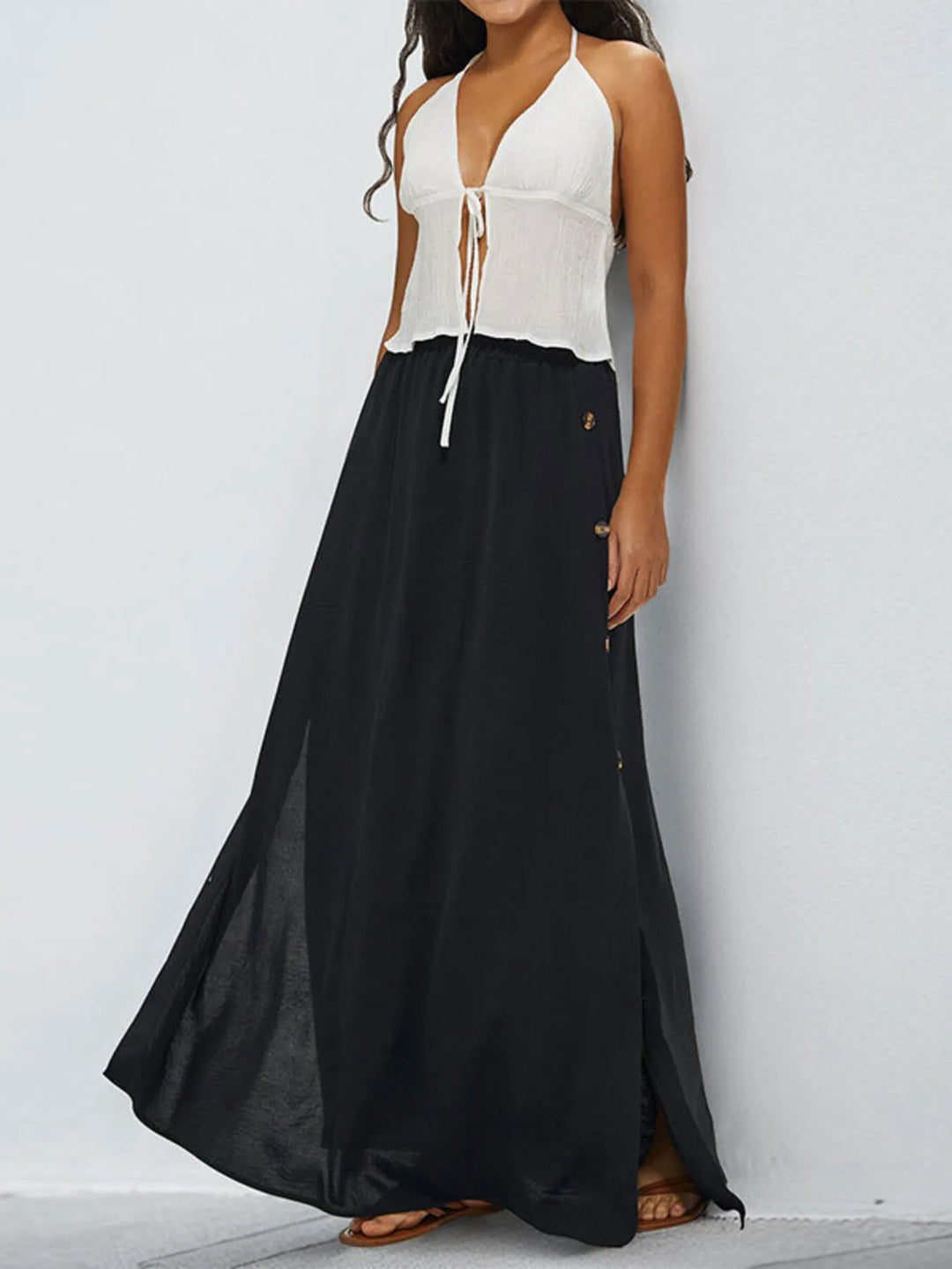 High-waist lace-up maxi skirt with side pockets