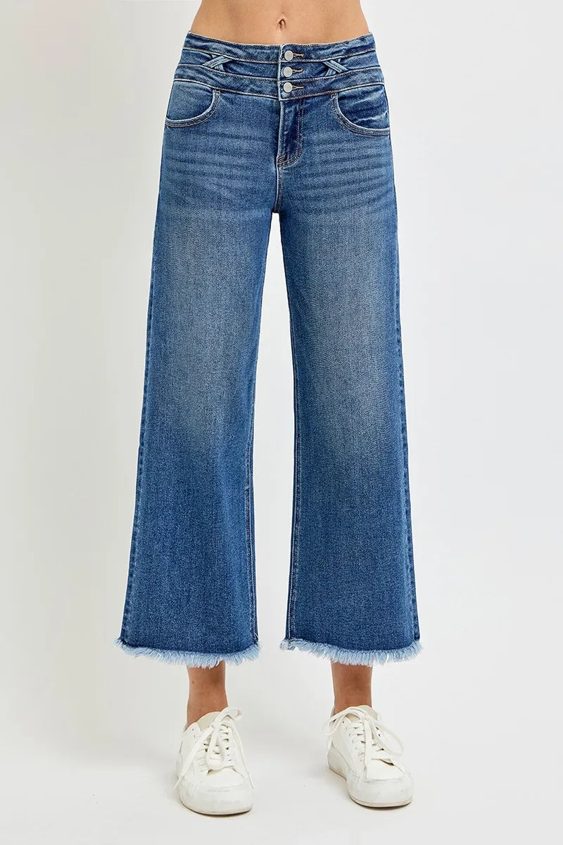 DARK High-rise crop wide-leg jeans with crosshatch band and raw hem