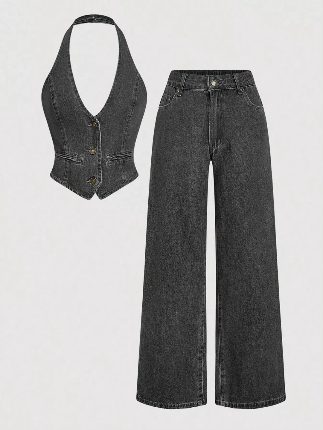 Gray Halter denim vest and wide-leg jeans two-piece set