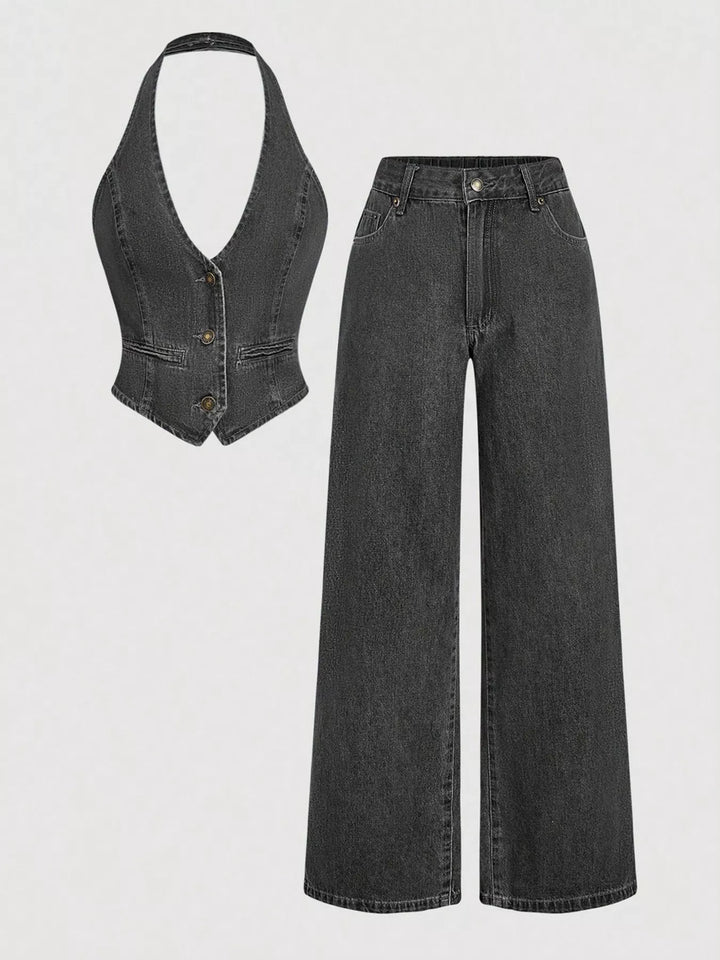 Gray Halter denim vest and wide-leg jeans two-piece set