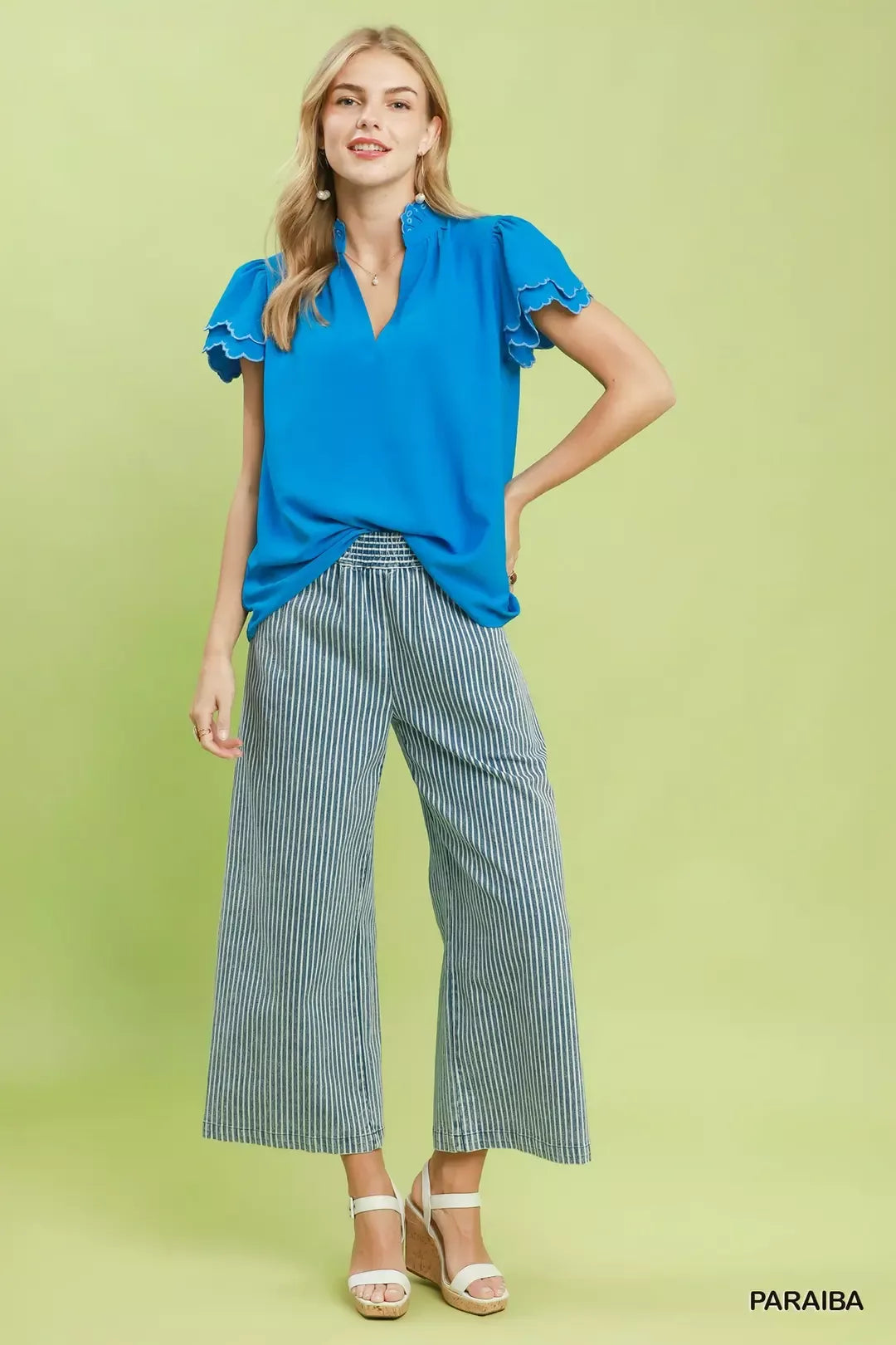 V-neck blouse with double-layer scalloped ruffle sleeves
