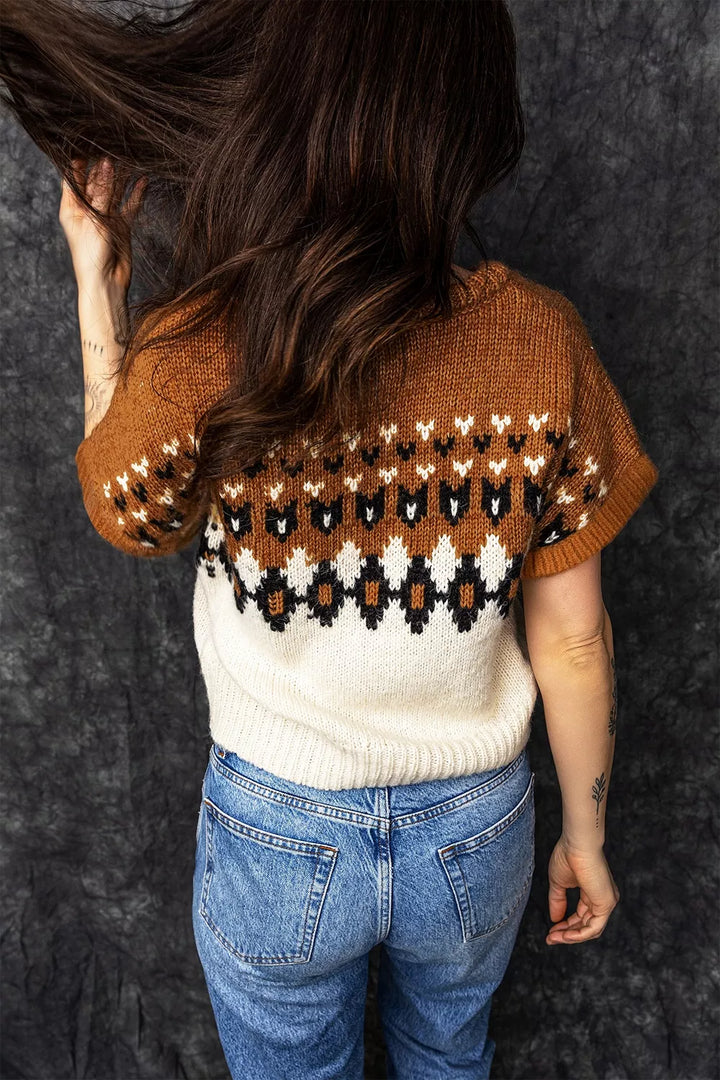 Geometric fair isle short sleeve V-neck sweater