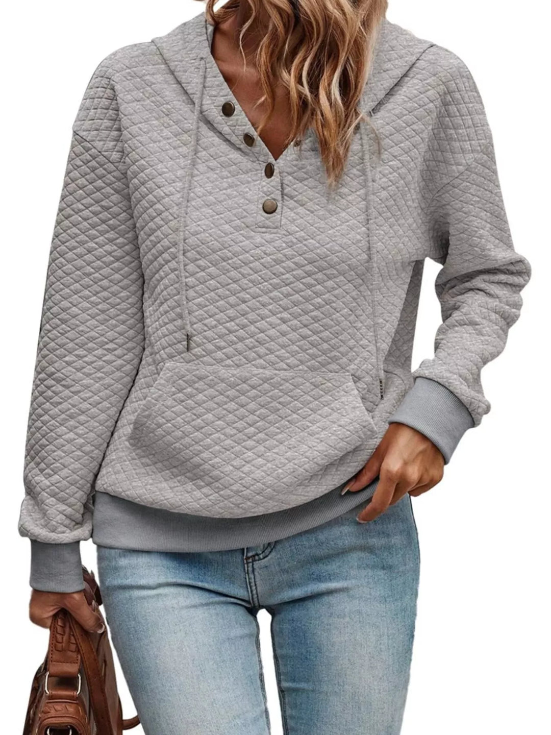 Gray Diamond-textured drawstring pullover hoodie with button placket