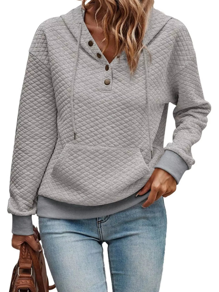 Gray Diamond-textured drawstring pullover hoodie with button placket