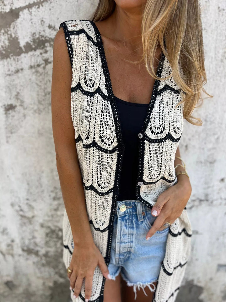 Sleeveless scalloped crochet longline cardigan