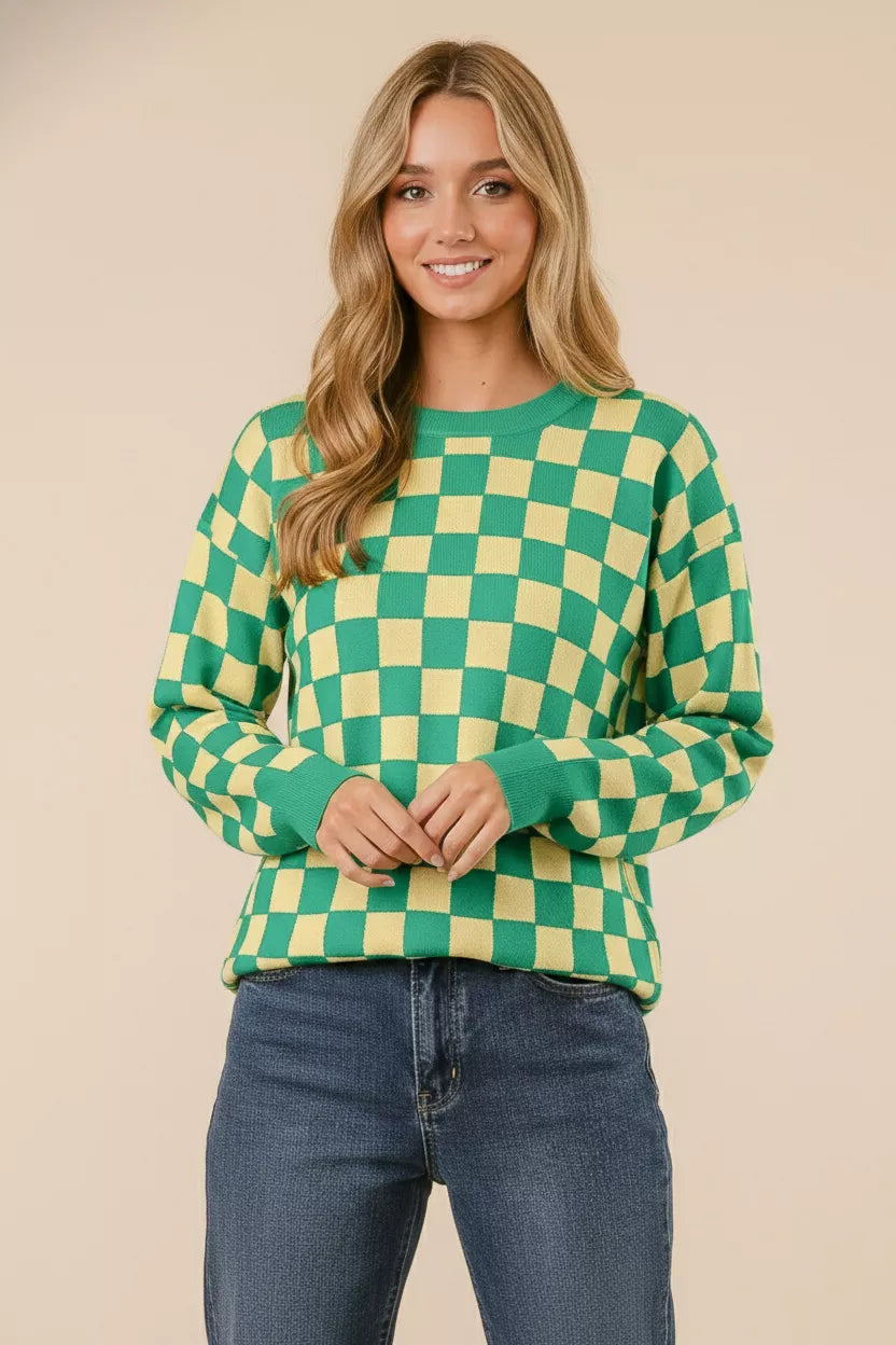 Checkered knit crew neck sweater with ribbed trim