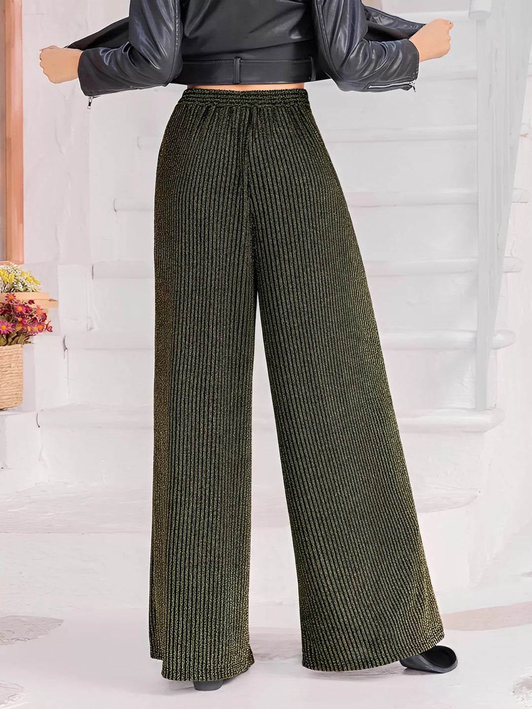 Striped wide-leg pants with drawstring tie waist