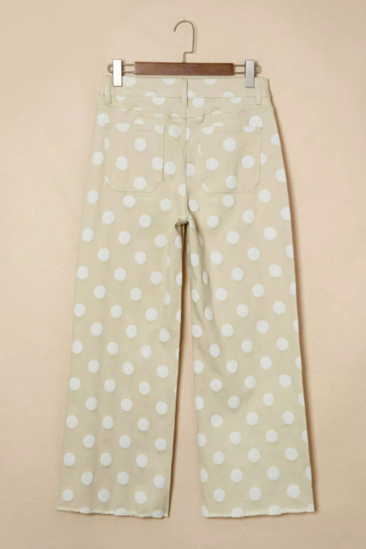 Polka dot high-rise wide-leg jeans with raw hem