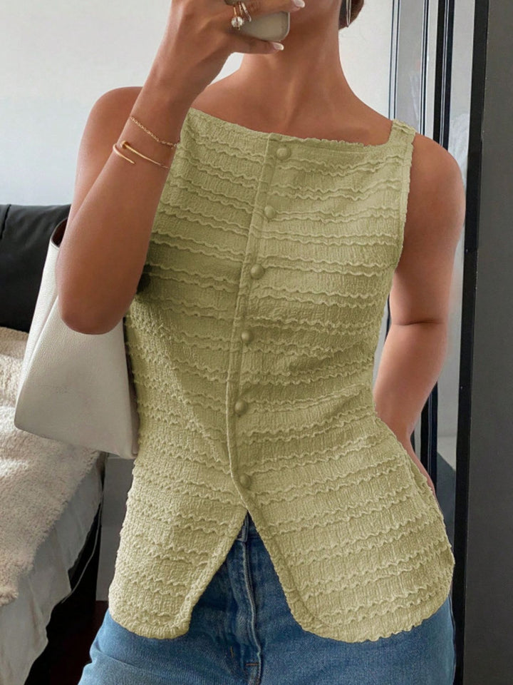 Yellow-green Textured button-front tank with square neck and split hem