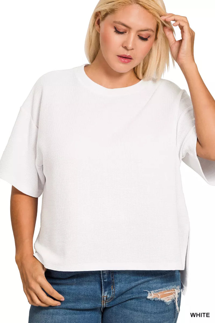 Short-sleeve double knit top with side slits and hi-low hem