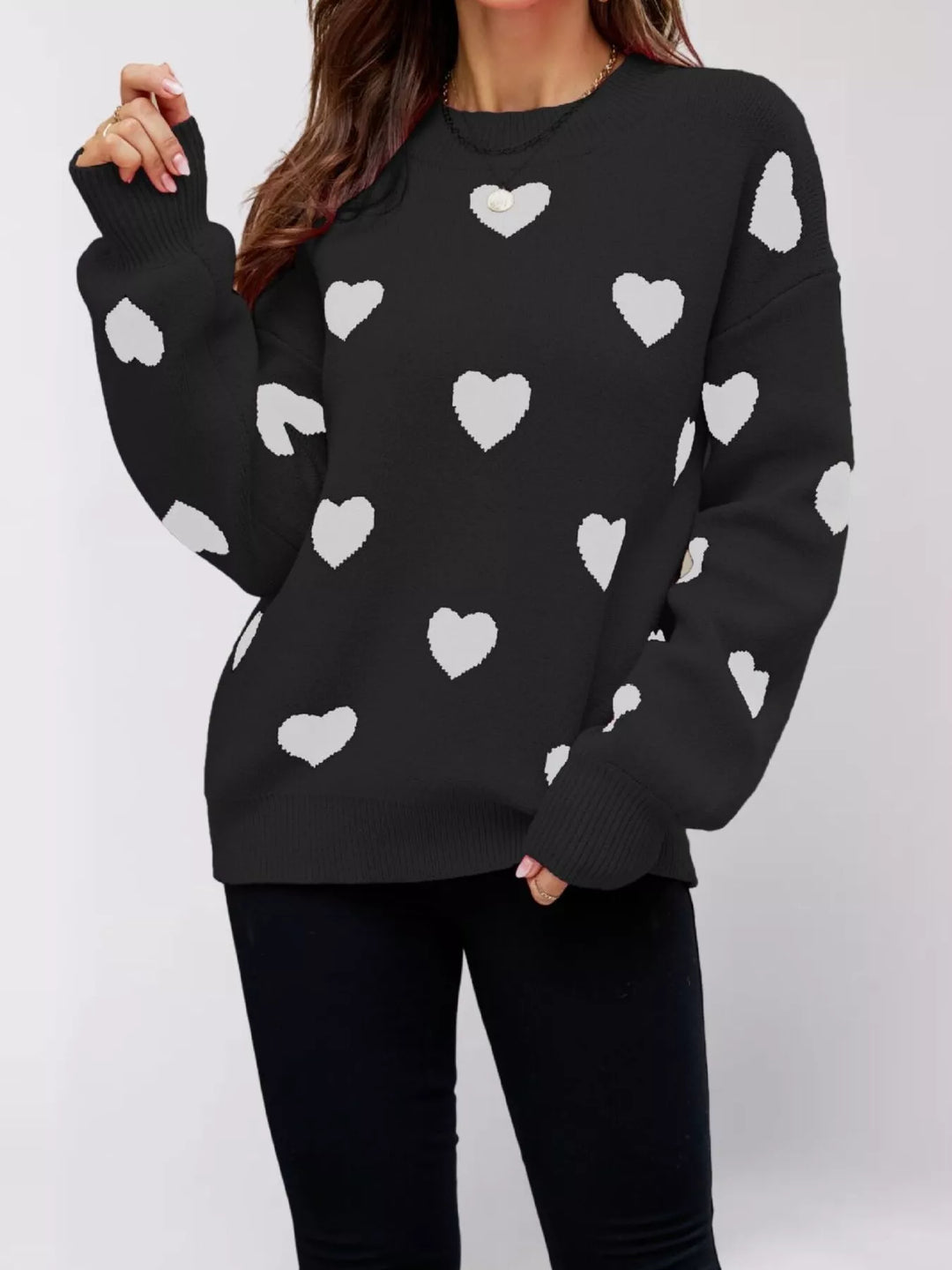 Heart print drop shoulder crew neck knit sweater