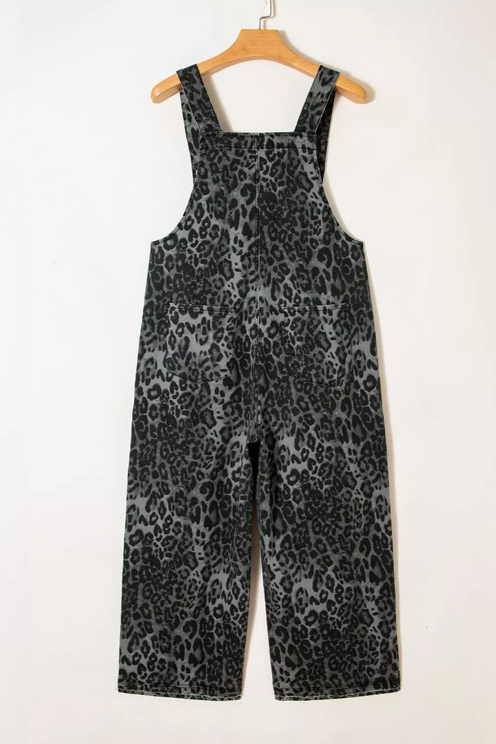 Leopard print cropped wide-leg denim overalls with raw hem