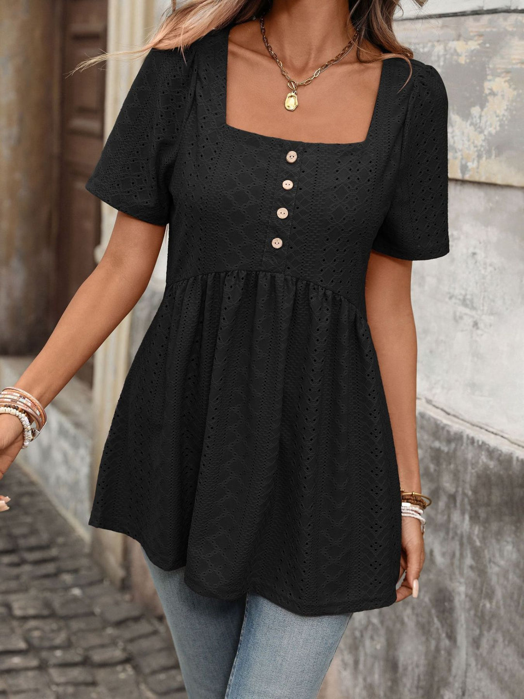Eyelet square neck babydoll tunic with button placket