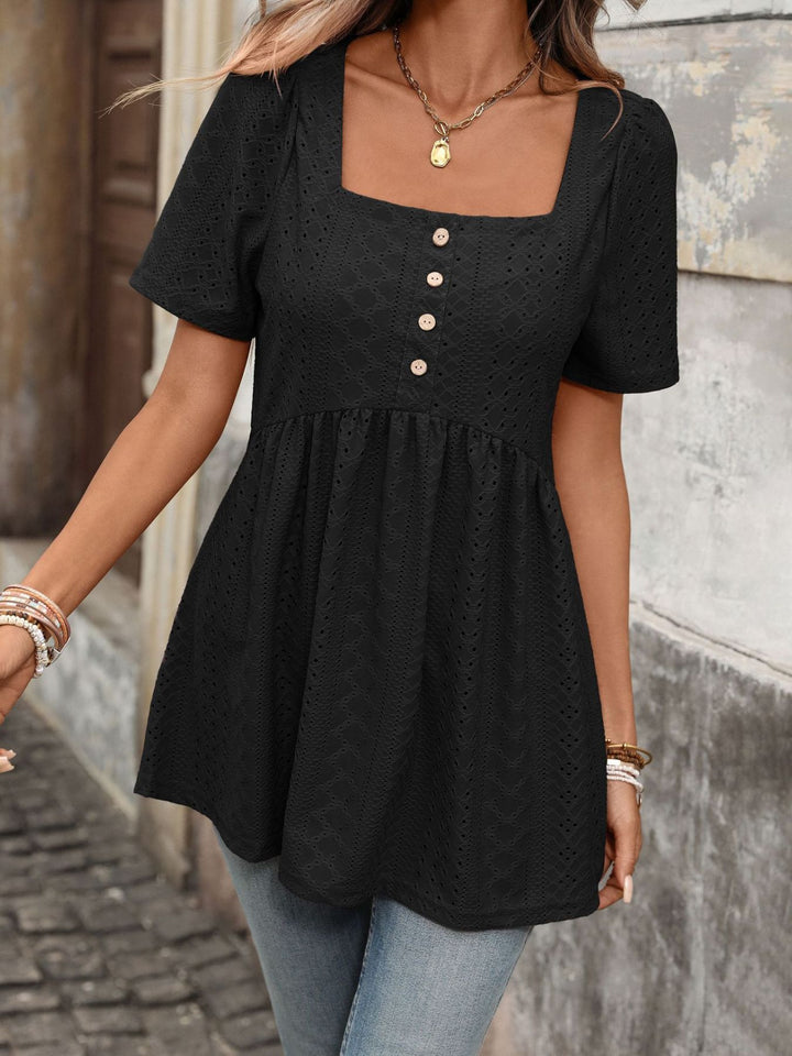 Eyelet square neck babydoll tunic with button placket