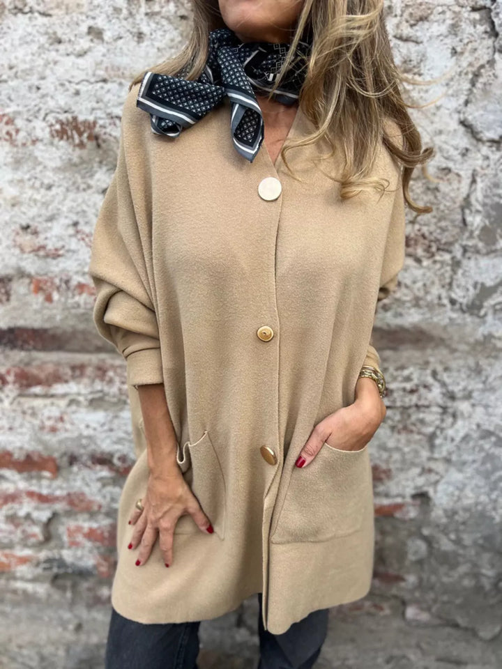 Tan Longline button-down cardigan with patch pockets