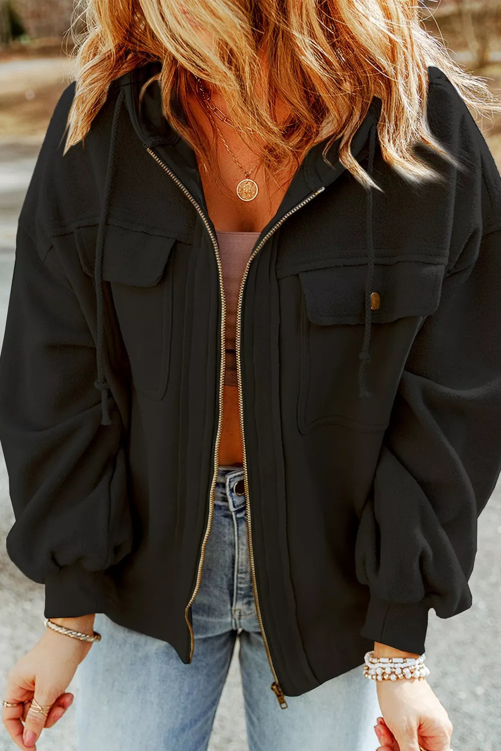 Zip-up hooded fleece jacket with flap pockets