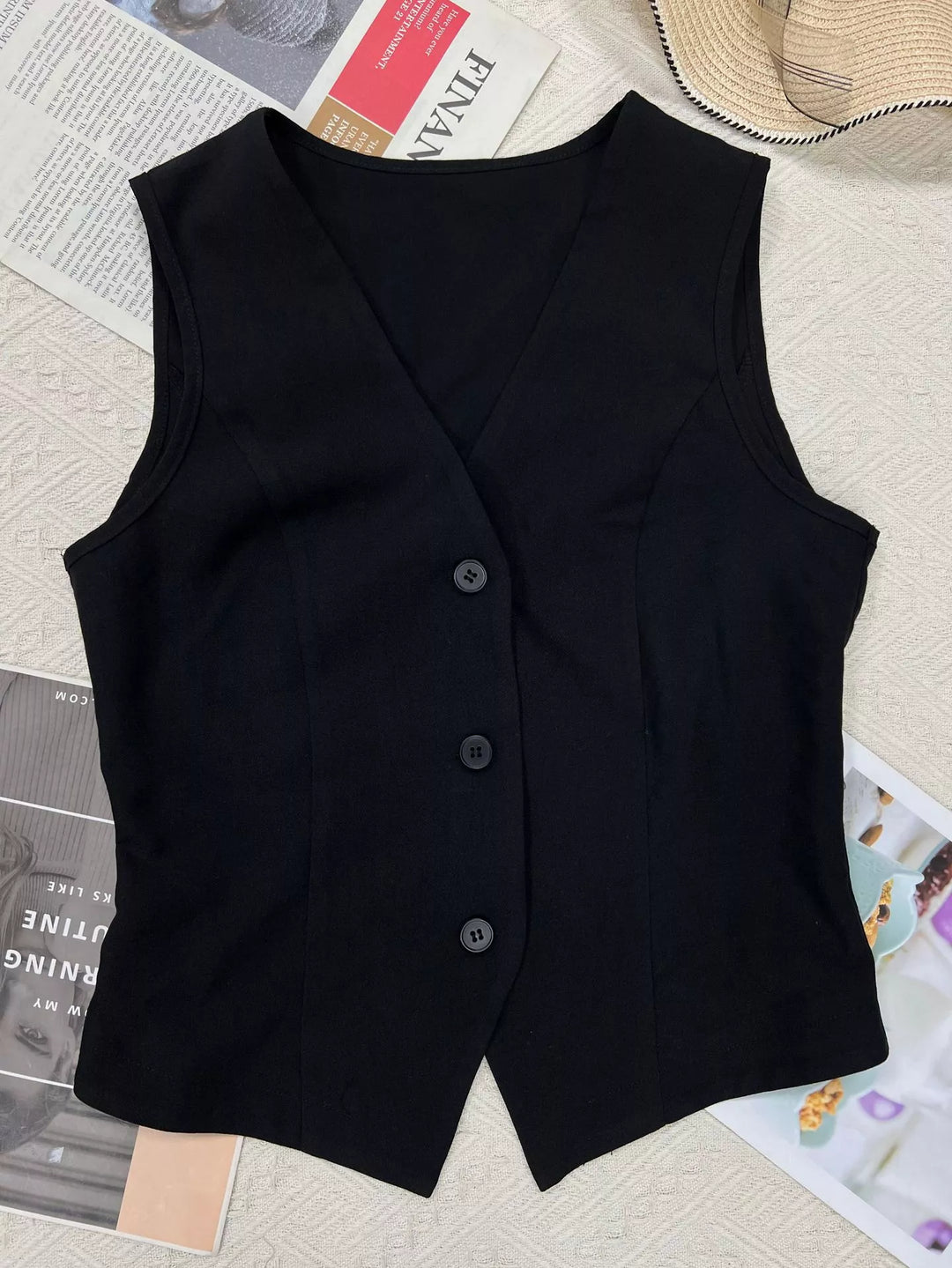 Button-front slim vest top with deep V-neckline