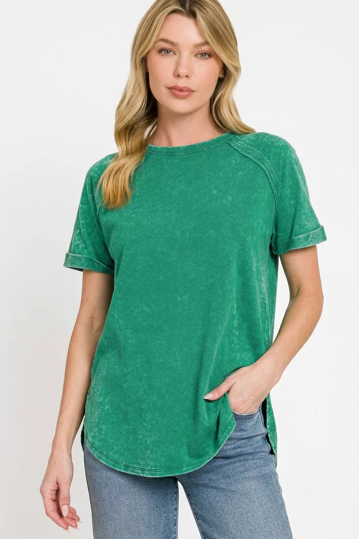 French terry mineral-wash curved hem top with side slits