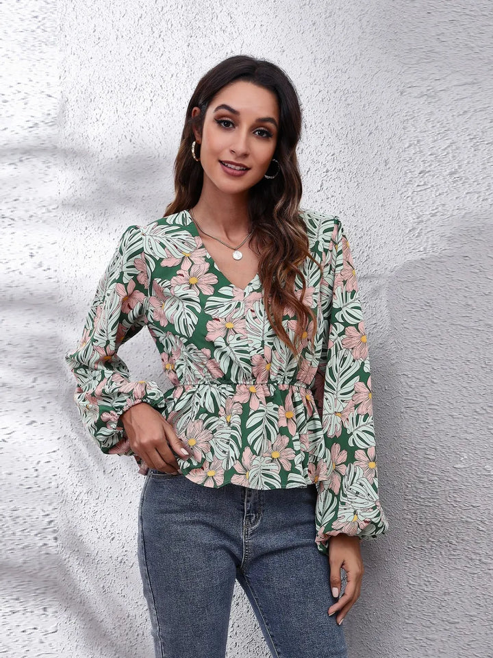 Floral v-neck peplum blouse with balloon sleeves