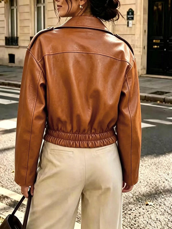 Cropped faux leather moto jacket with asymmetric zip