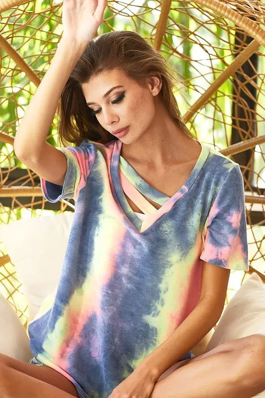 Tie-dye terry V-neck top with strap cutout detail