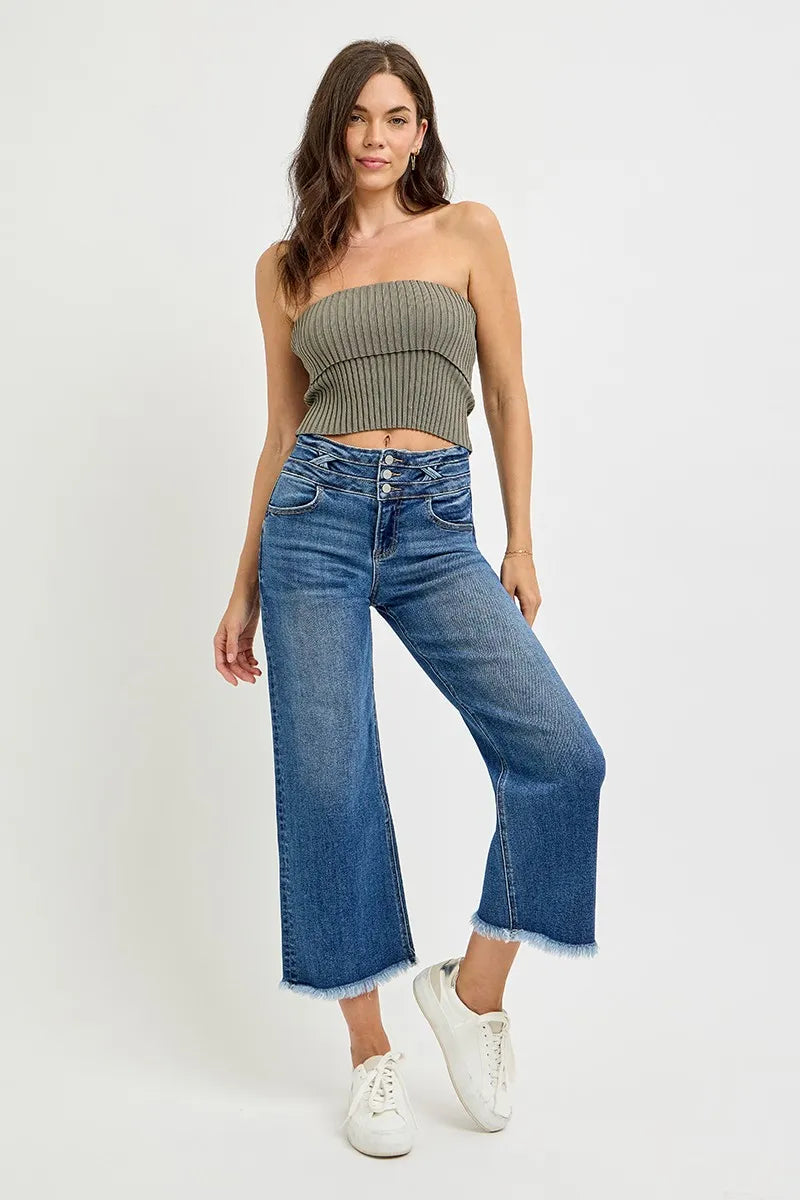 High-rise crop wide-leg jeans with crosshatch band and raw hem