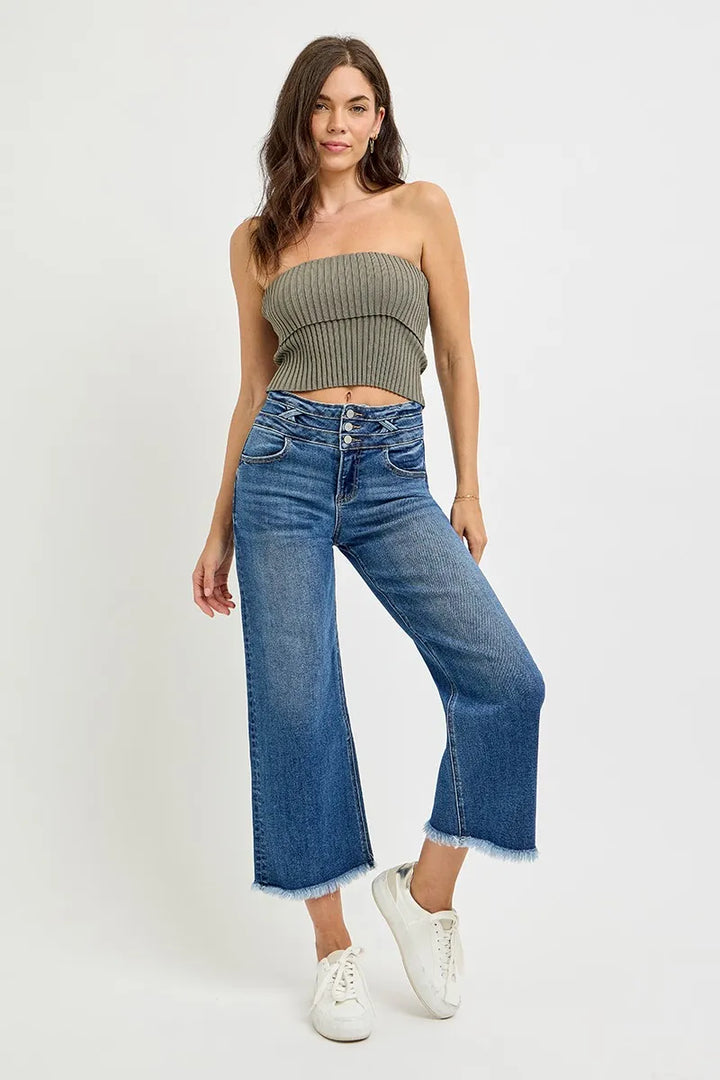 High-rise crop wide-leg jeans with crosshatch band and raw hem