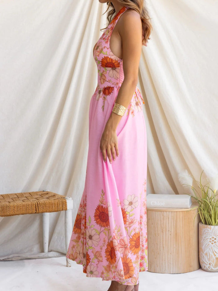 Sunflower print halter maxi dress with plunge neckline