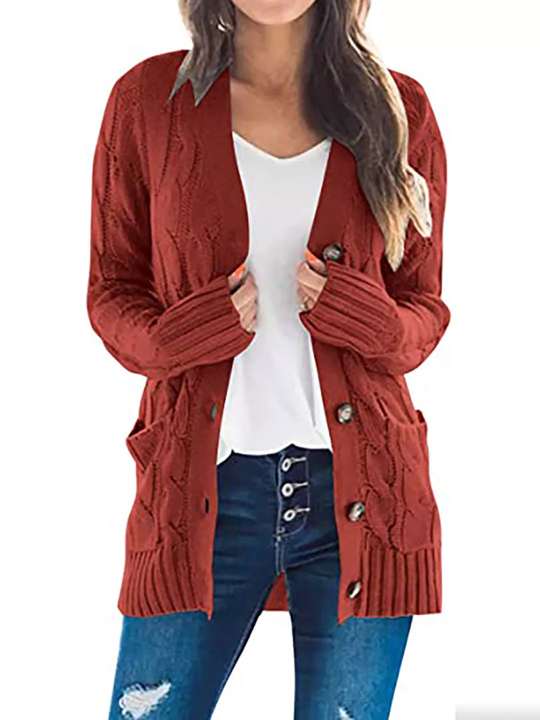 Rust Chunky cable knit button-down cardigan with pockets