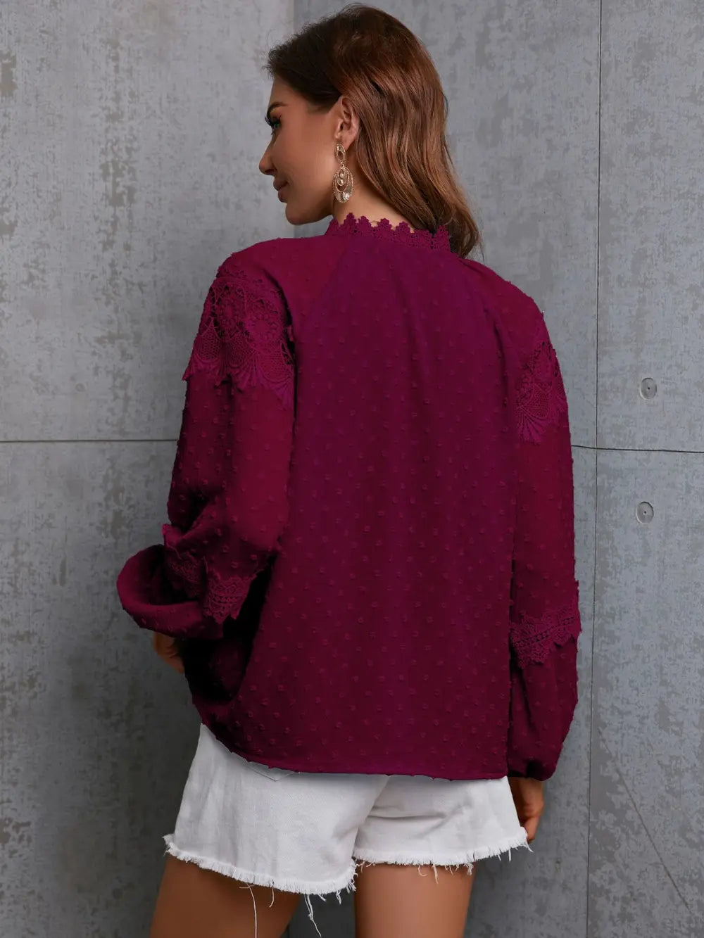 Crochet trim swiss dot tie-neck long sleeve blouse