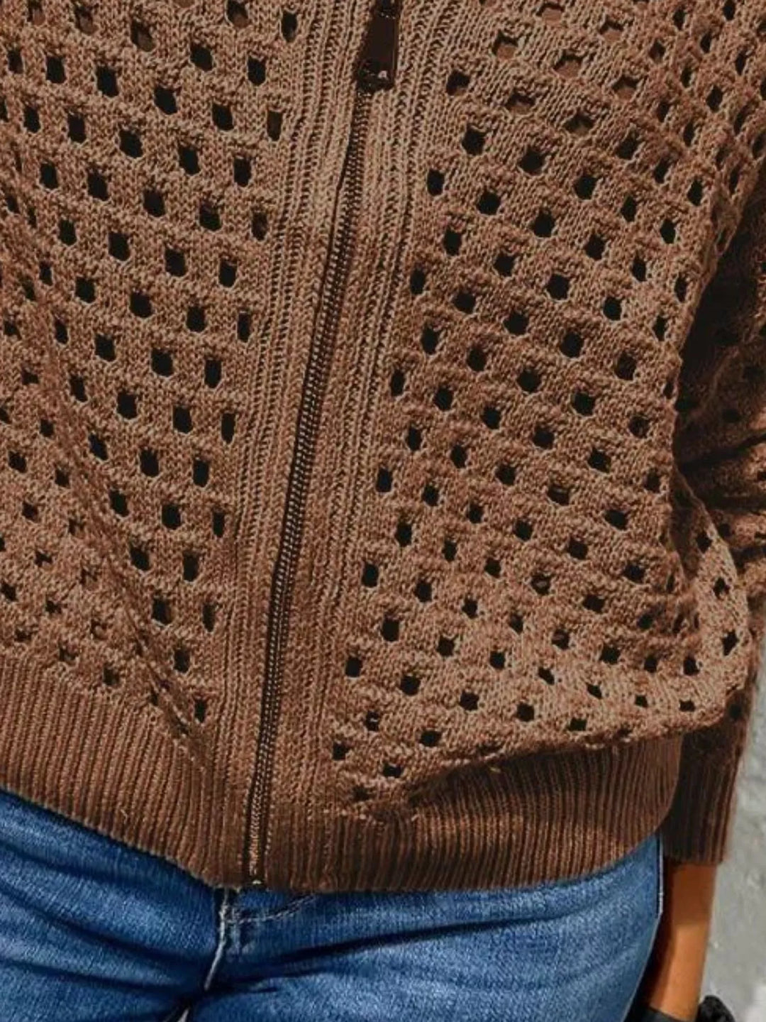 Open-knit zip-up bomber cardigan with ribbed trim