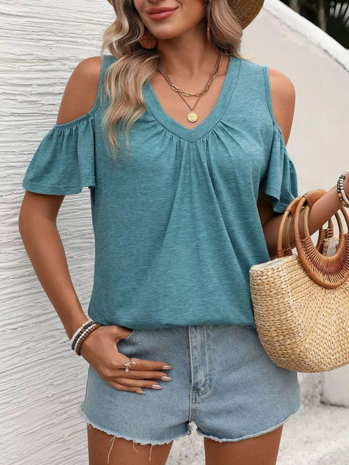 Cold shoulder V-neck top with ruched chest and ruffle sleeves