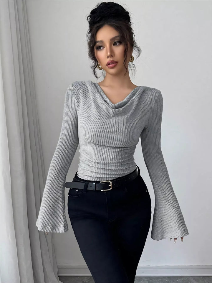 Gray Cowl neck ribbed knit top with flare sleeves