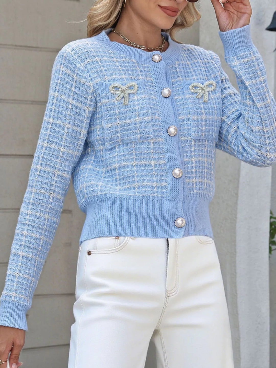 Plaid tweed knit cardigan with pearl buttons and bow patches