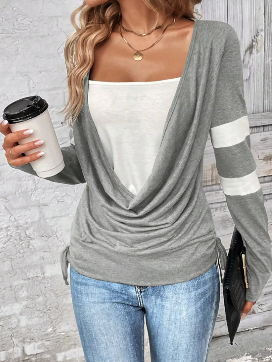 Light Gray Cowl neck long sleeve faux layered top with side drawstring