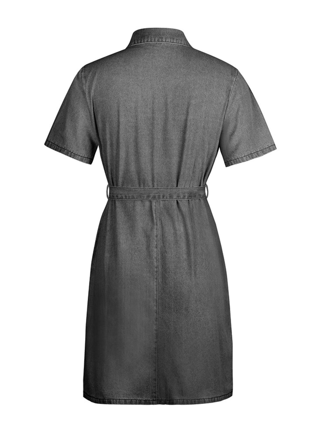 Zip front short sleeve denim mini dress with tie waist