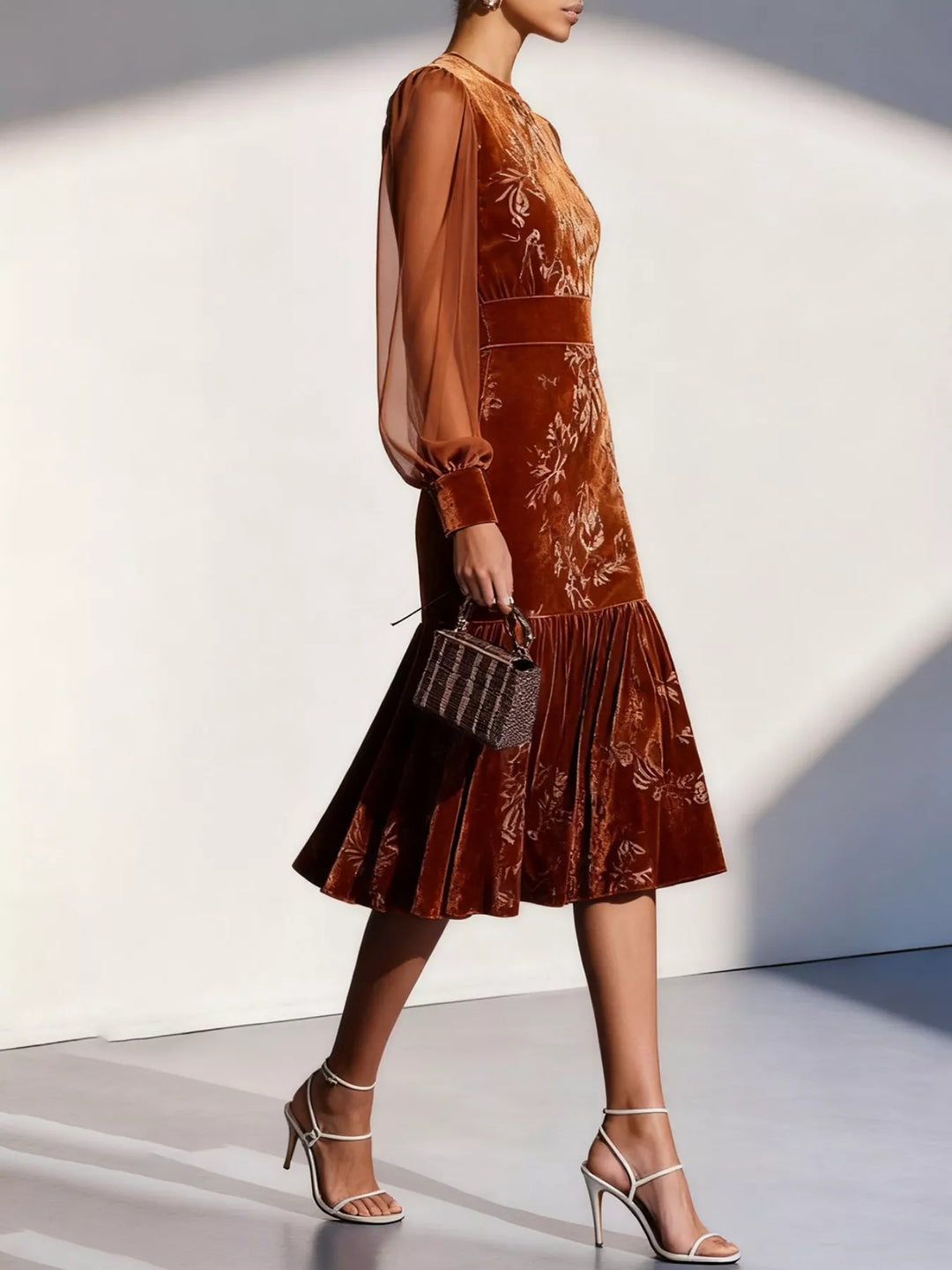 Floral velvet midi dress with sheer lantern sleeves