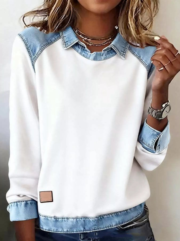 White Denim-trim long sleeve crew neck pullover top