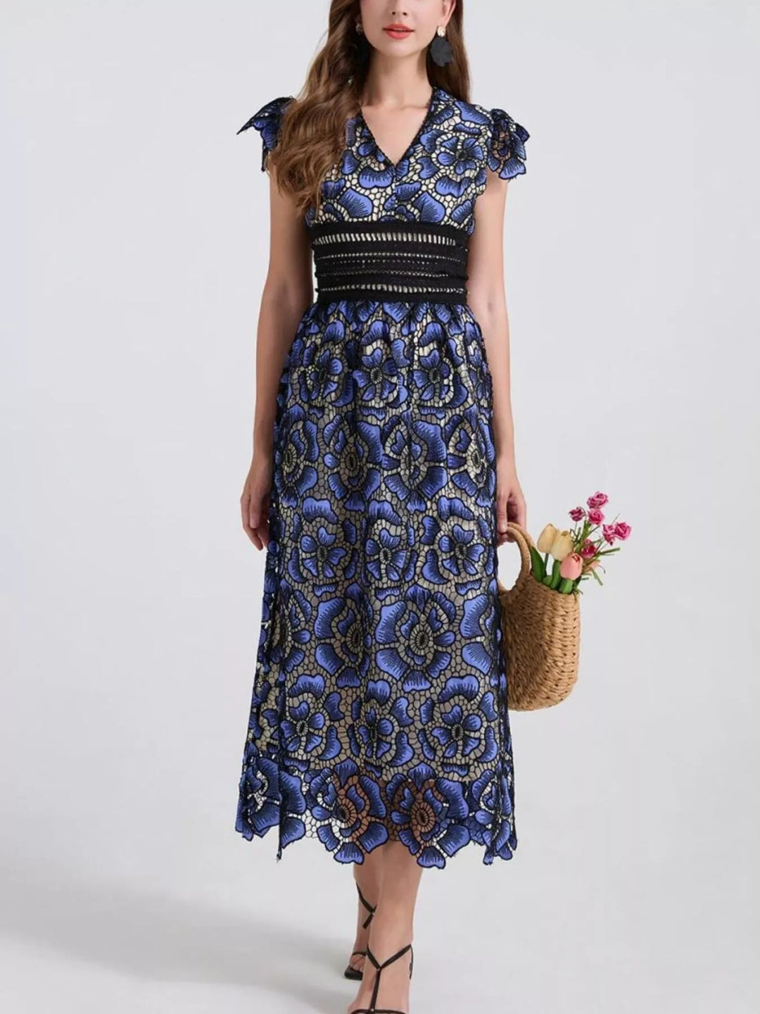 Embroidered floral lace V-neck midi dress with flutter sleeves