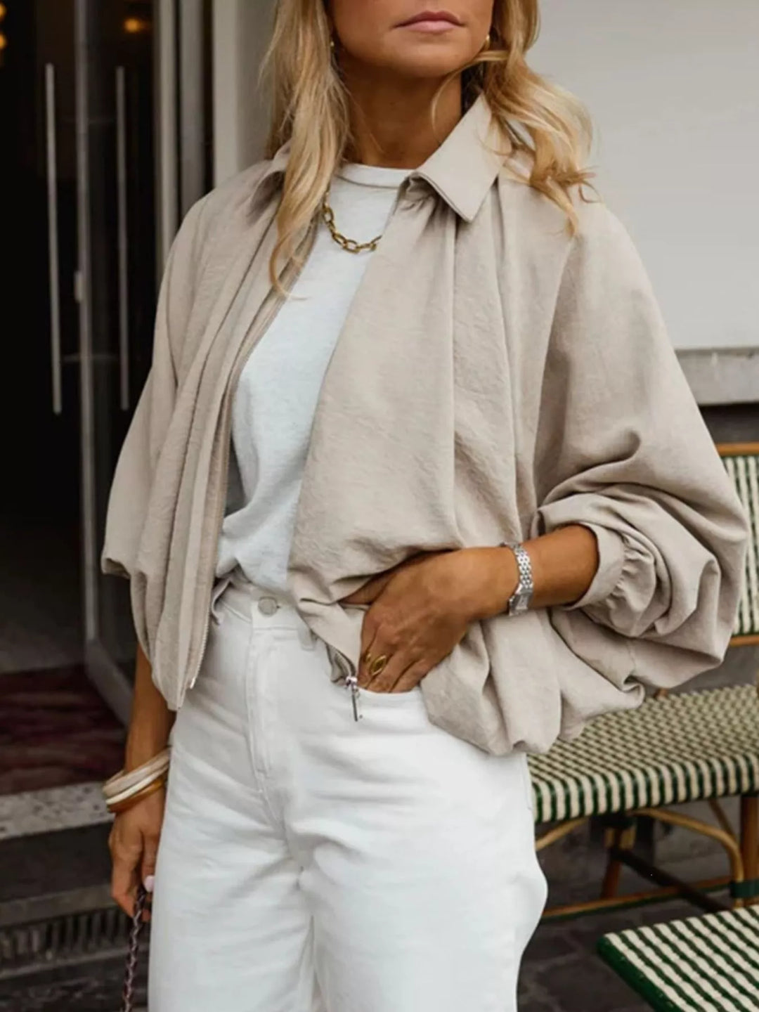Oversized zip-up bomber jacket with collar and pockets