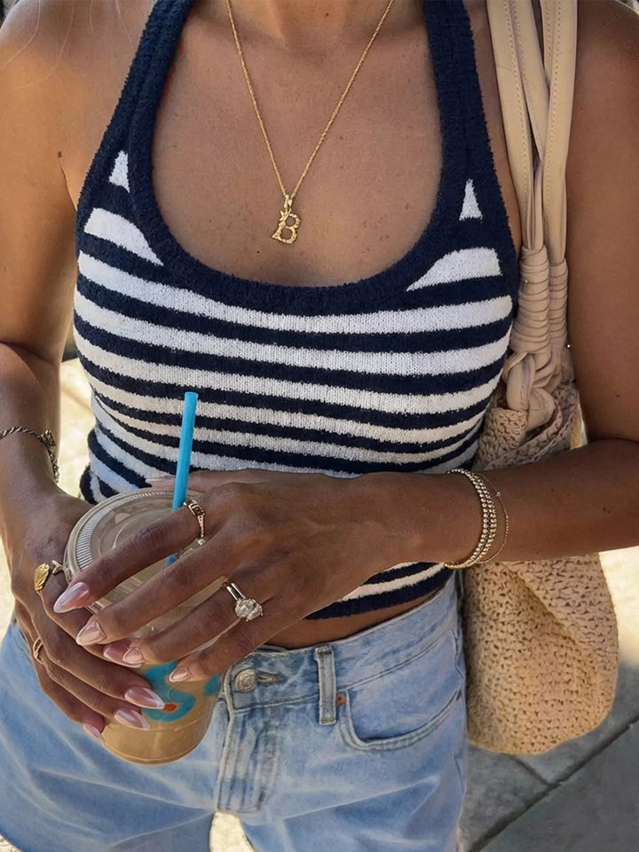 Striped knit halter cami with scoop neck