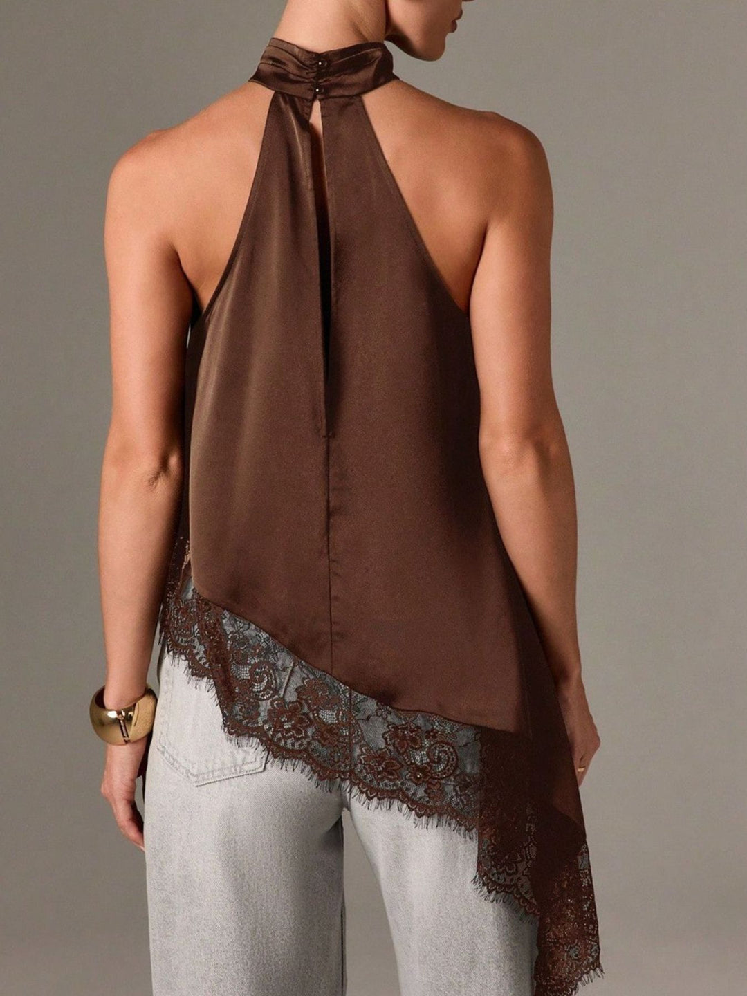 Satin halter neck cami with lace trim asymmetrical hem