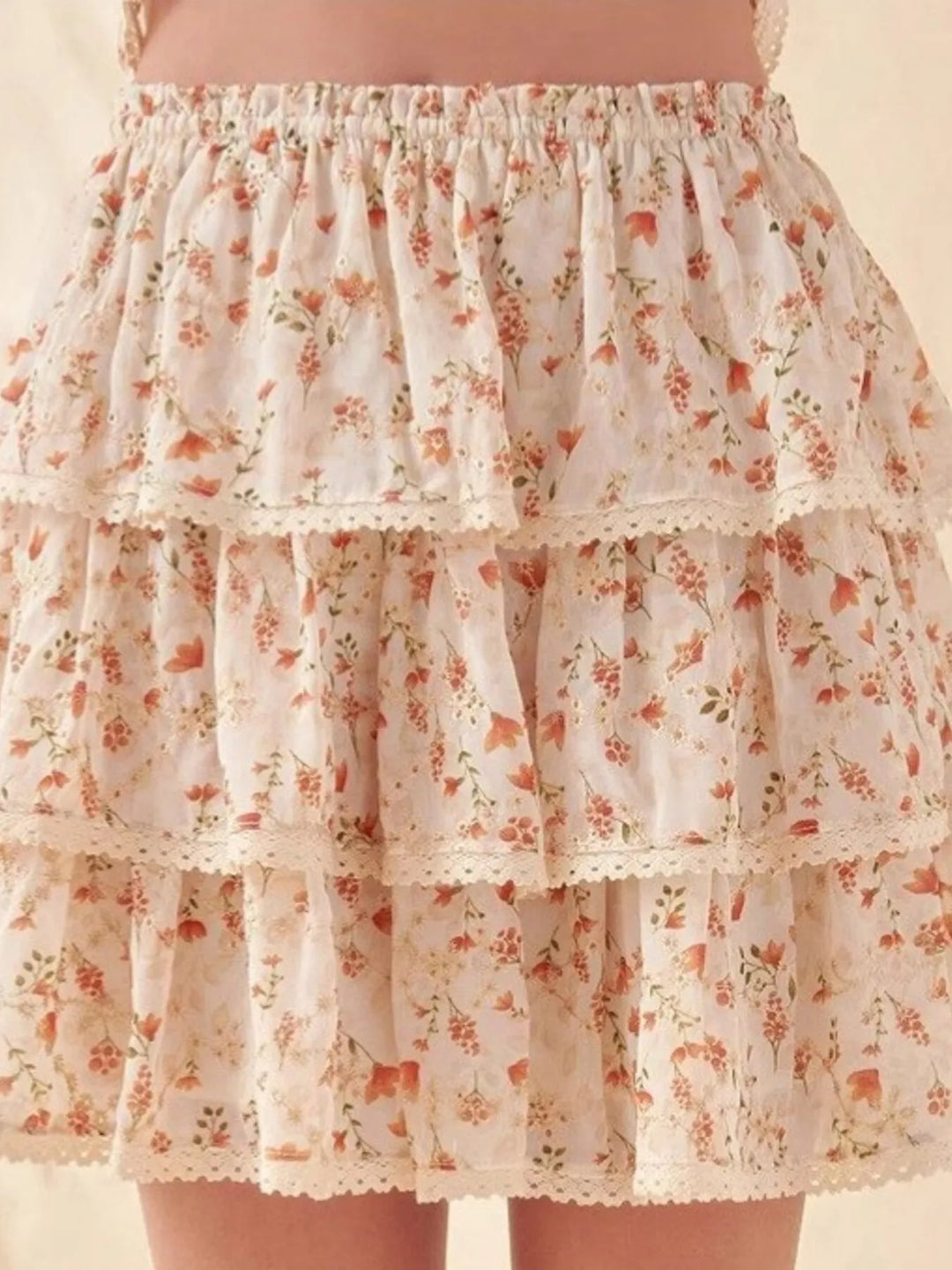 Three-tier floral ruffle mini skirt with lace trim