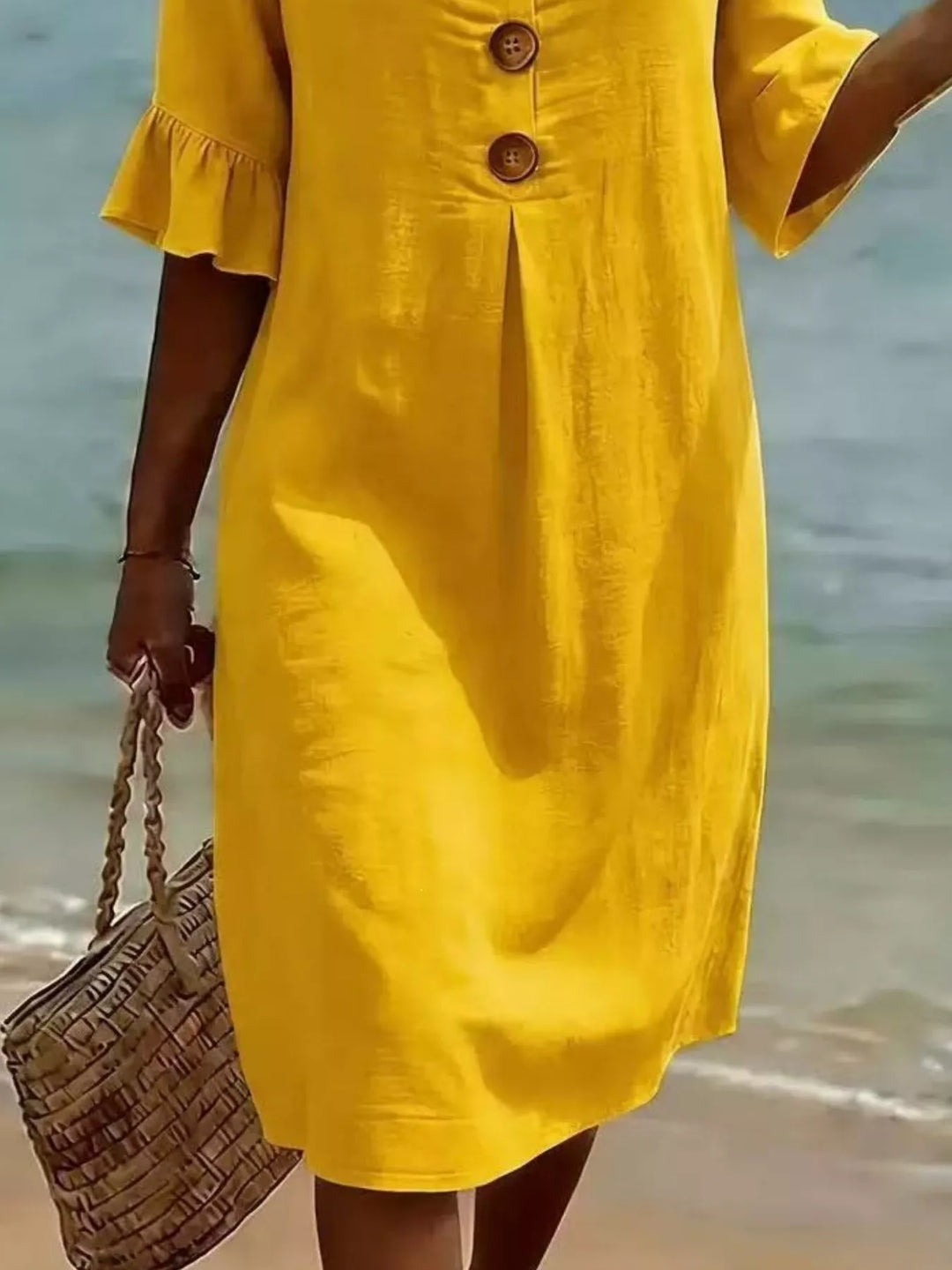 Flounce sleeve button-front pleated midi dress